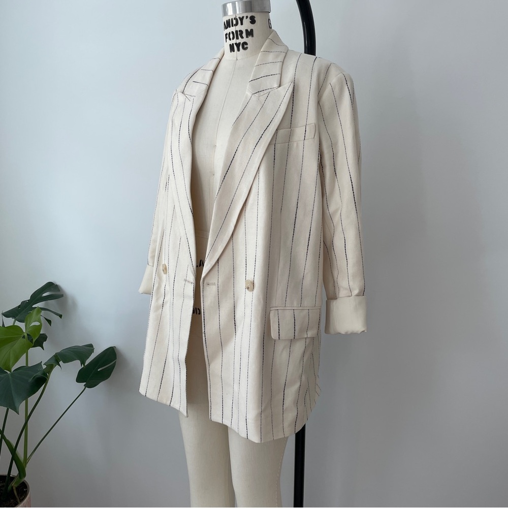 H&M Linen-Blend Cream Striped Blazer